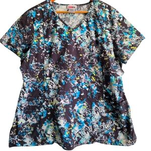 Scrubstar Blue and White Graphic Short Sleeve Blouse Size XL